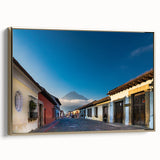 Framed canvas depicting a vintage-style landscape of Central America in black and gold tones, ideal for bedroom decor.