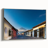 Framed canvas of a vintage-style landscape art painting depicting a colorful Central American scenery.