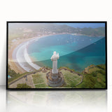 Large abstract wall art depicting a dynamic Nicaraguan landscape in vibrant blues and greens on a framed acrylic panel.