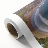 Art deco poster featuring a serene Nicaragua landscape in soft blue and green hues on rolled canvas.