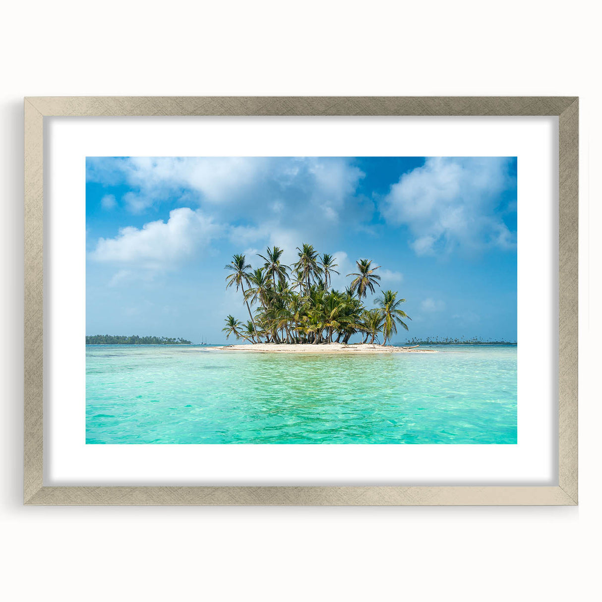 Textured abstract art print of a Central American scenery in muted earth tones, framed in silver, ideal for bedroom decor.