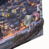 Large abstract wall art of Albanian scenery in mid-century modernist style on acrylic glass, ideal for dining room art.