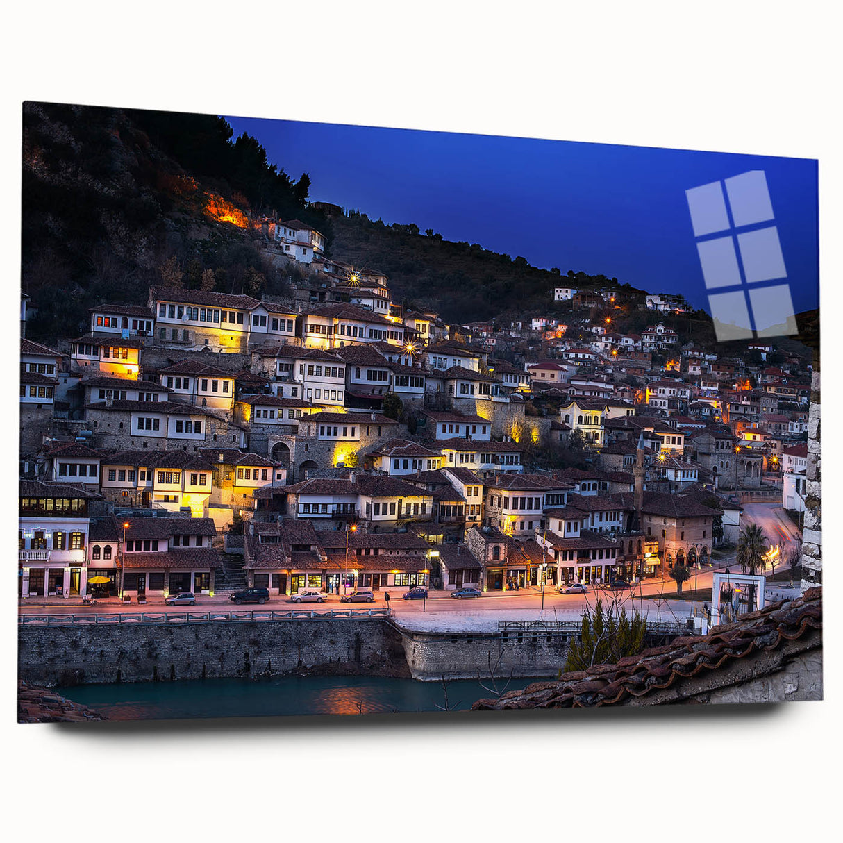 Large abstract wall art of Albania scenery in muted earth tones on acrylic glass, suitable for bedroom or dining room decor.