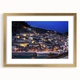 Abstract art print of a European Albanian scenery in a gold frame with mat, featuring muted earth tones.