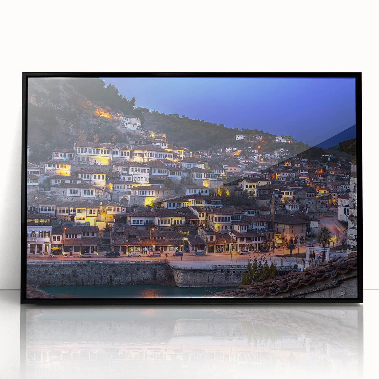 Large abstract wall art of a European scenery in Albania, featuring muted earth tones on framed acrylic.