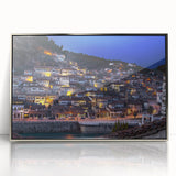 Mid-century modernist style large art print of a European Albanian scenery in silver-framed acrylic.