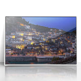 Mid-century modernist art depicting a serene Albanian landscape in soft pastel shades.