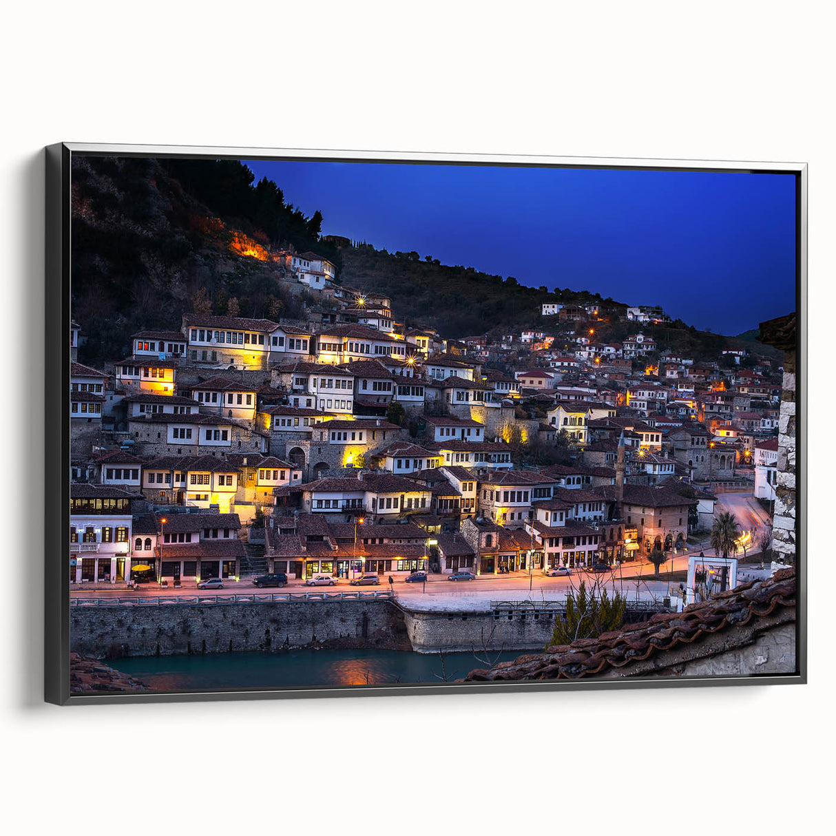 Black and white framed canvas depicting a vintage-style Albanian landscape, ideal for bedroom wall art.