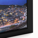 Textured black wall art depicting a colorful Albanian landscape on a framed canvas, ideal for living room decor.