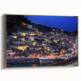 Framed canvas depicting an Albanian landscape in muted earth tones, ideal for bedroom wall art.