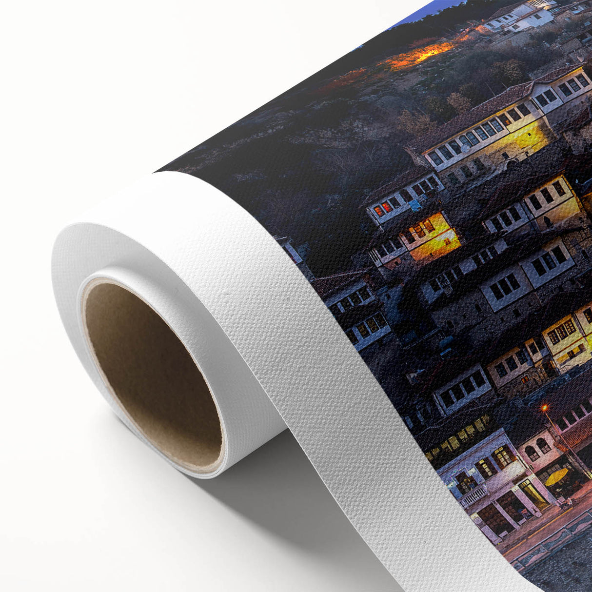 Art Deco style poster depicting a serene Albanian landscape on rolled canvas.