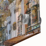 Large abstract wall art of a European scenery in muted earth tones on acrylic glass, ideal for dining room decor.