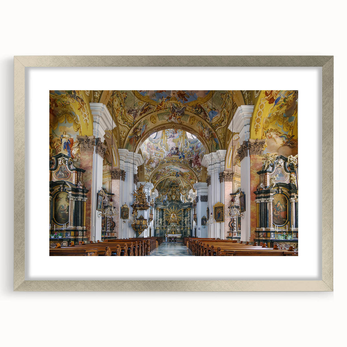 Extra large abstract art print depicting a textured European scenery in muted earth tones on a silver-framed canvas.