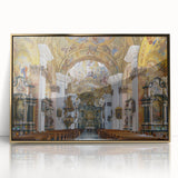 Art Deco poster featuring a scenic European landscape in gold and green hues on acrylic.