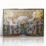 Large art print of a European Austrian landscape in muted earth tones, acrylic in a silver frame.