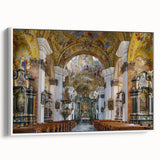 Framed canvas landscape art painting of a European village, with vibrant colors on a black background.