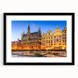 Extra large abstract art print of a colorful European scenery, with a textured look on a black framed mat.
