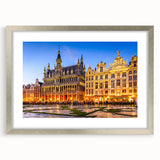 Extra large abstract art print of a European landscape in textured grays and blues, framed in silver.