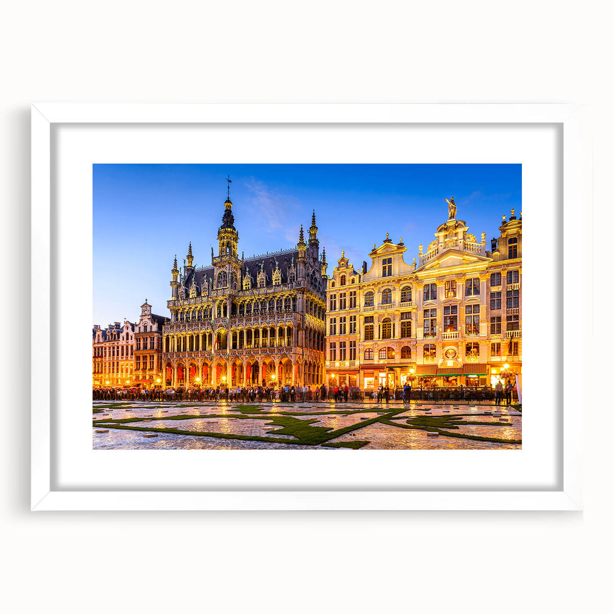 Textured abstract art print of a European scenery in muted earth tones, framed with white mat, ideal for bedroom wall decor.