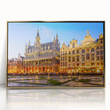 Framed acrylic print of a European cityscape in art deco style with gold and blue tones, ideal for modern art wall decor.