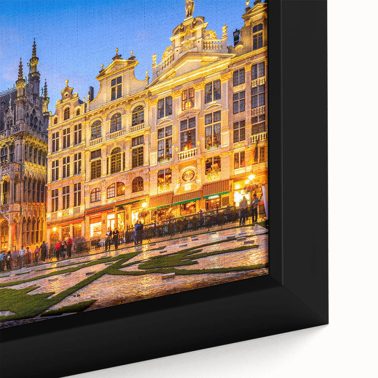 Extra large framed canvas featuring a textured depiction of a European scenery in black with colorful accents.