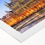 Art deco poster of a European cityscape in muted earth tones on rolled canvas, suitable for dining room decor.