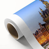 Art deco poster of a serene European landscape in muted green and blue tones, printed on rolled canvas.