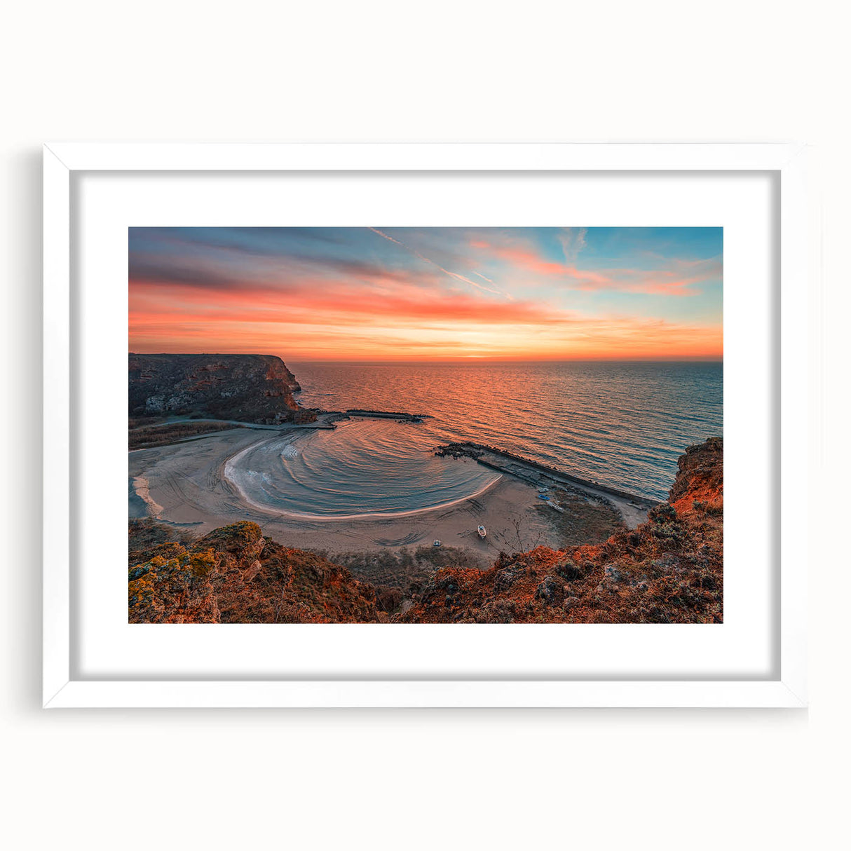 Textured art print of an abstract European scenery in muted earth tones, framed in white, ideal for bedroom art.