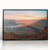 Large abstract wall art featuring a European Bulgarian scenery in muted earth tones, framed in black acrylic.