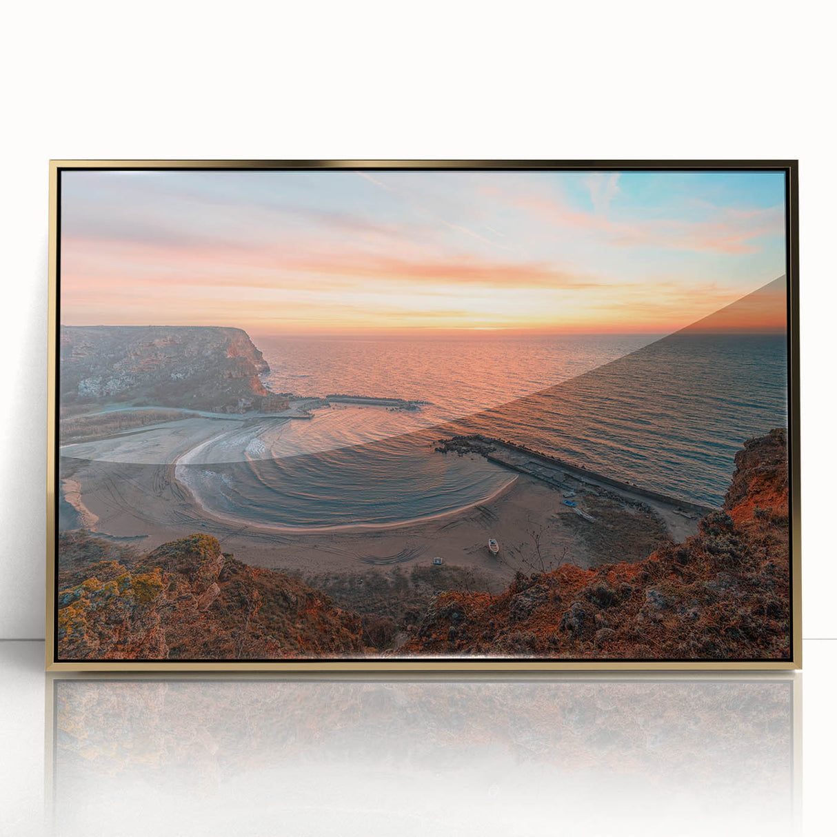 Art deco poster of a Bulgarian landscape in gold tones on framed acrylic, suitable for modern art wall decor.