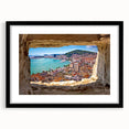 Abstract art print of a colorful European coastal scene on a large, framed canvas, ideal for living room decor.