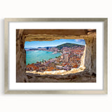 Textured art of an abstract European scenery in muted earth tones, framed in silver, ideal for bedroom decor.