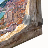 Large abstract wall art of a Croatian landscape in muted earth tones on acrylic glass, ideal for dining room ambiance.