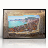 Large abstract wall art depicting a European Croatian landscape in muted earth tones on a framed acrylic print.