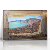 Acrylic print of a Croatian landscape in muted earth tones, framed in white, suitable for modern art wall decor.
