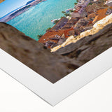 Art deco poster of a Croatian landscape on rolled canvas, featuring muted earth tones, ideal for dining room wall art.