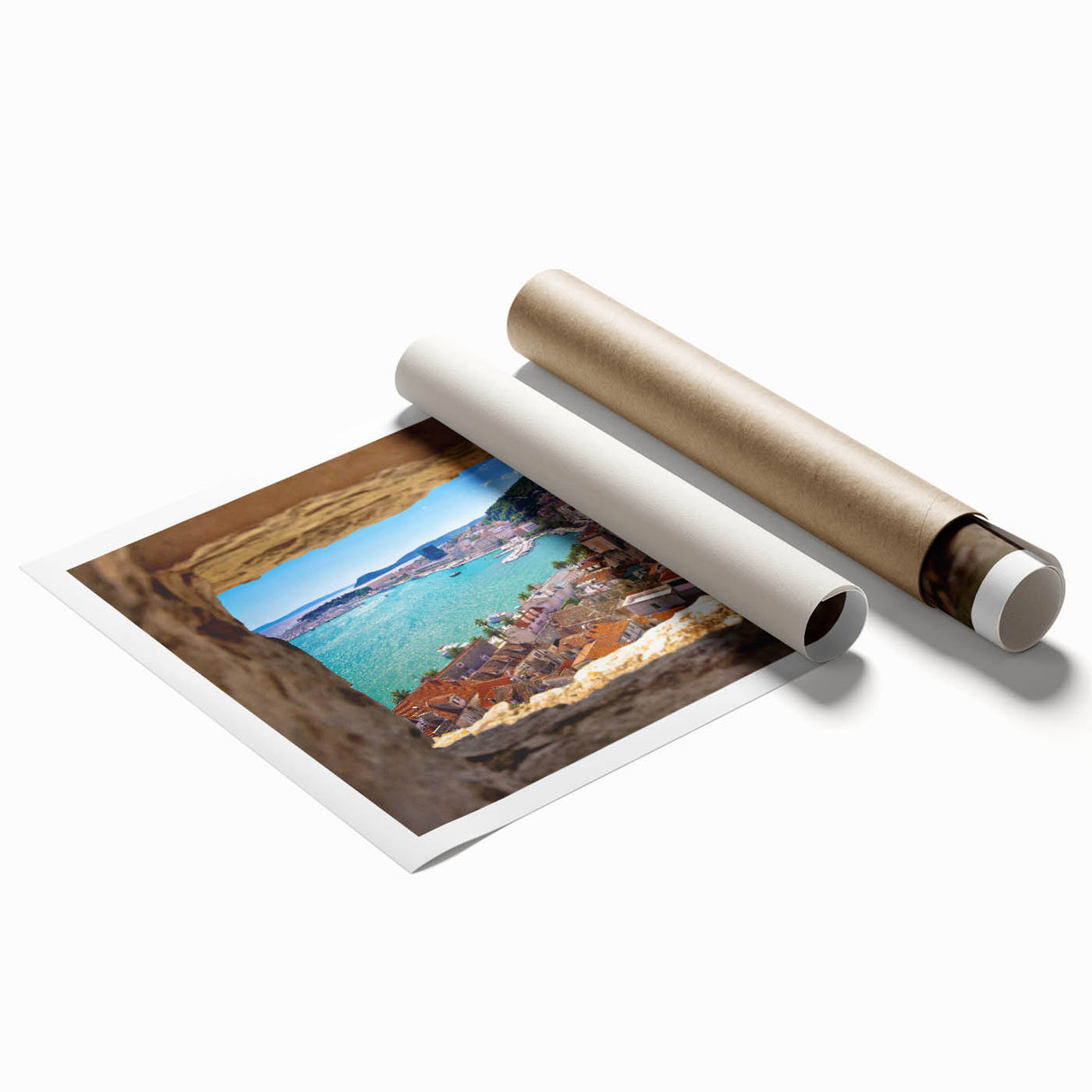 Extra large rolled print depicting a serene Croatian landscape with lush floral elements, ideal for classy bathroom wall art.