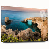 Acrylic print of a European Cyprus landscape in muted earth tones, suitable for bedroom or dining room decor.