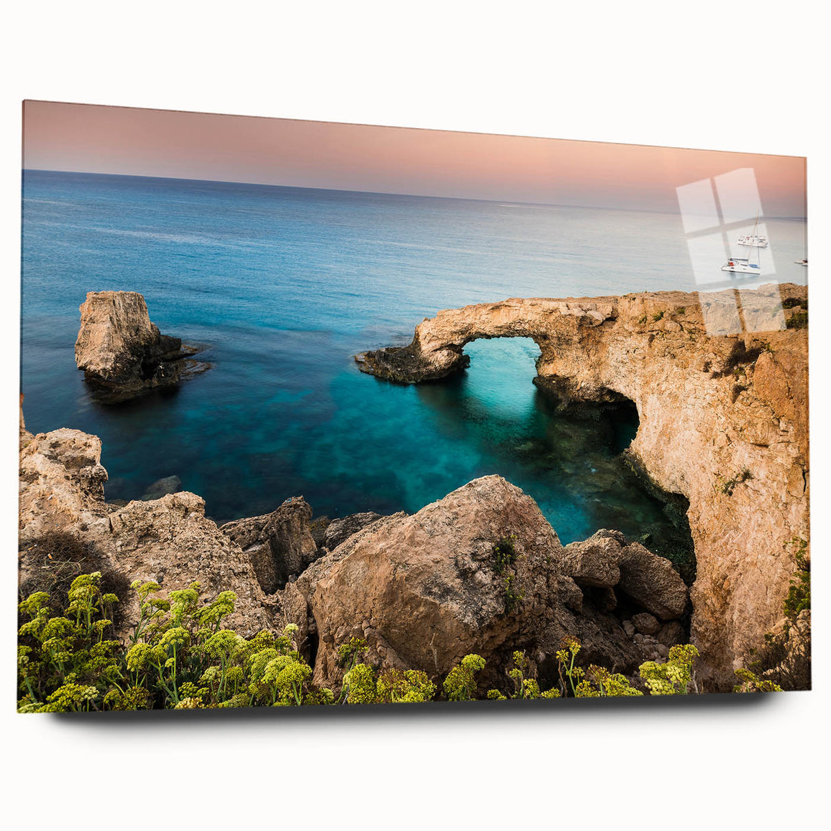 Large abstract wall art featuring a serene European Cyprus landscape in muted green and blue tones on acrylic glass.