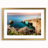 Abstract art print of a European Cyprus landscape in muted earth tones on a framed canvas, suitable for dining room decor.