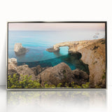 Large acrylic print of a European Cyprus landscape in muted earth tones, framed in silver, ideal for modern art wall decor.