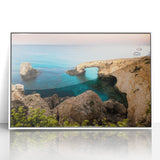 Mid-century modernist art depicting a European Cyprus landscape in muted earth tones, framed acrylic.