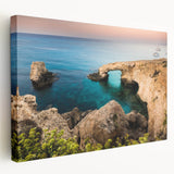 Large canvas print depicting a serene Cyprus landscape in soft blue and green tones, ideal for kitchen wall art.