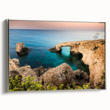 Landscape art painting of a European Cyprus scenery on a framed canvas, featuring vibrant, colorful art with black edges.