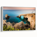 Vintage poster art of a European Cyprus scenic view in vibrant colors on a large framed canvas.