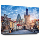 Acrylic glass print of a large abstract depiction of Prague with vibrant colors, ideal for bedroom or dining room art.
