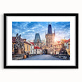 Colorful abstract art print of Prague's skyline, featuring vibrant hues on a large framed canvas.