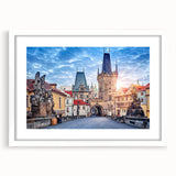 Textured abstract art print of Prague scenery, featuring muted earth tones on a white framed mat, suitable for bedroom decor.