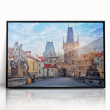 Large abstract wall art depicting Prague's cityscape in muted gray tones on framed acrylic.