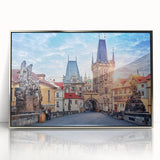 Large art print of Prague's cityscape in muted colors, framed in silver acrylic.